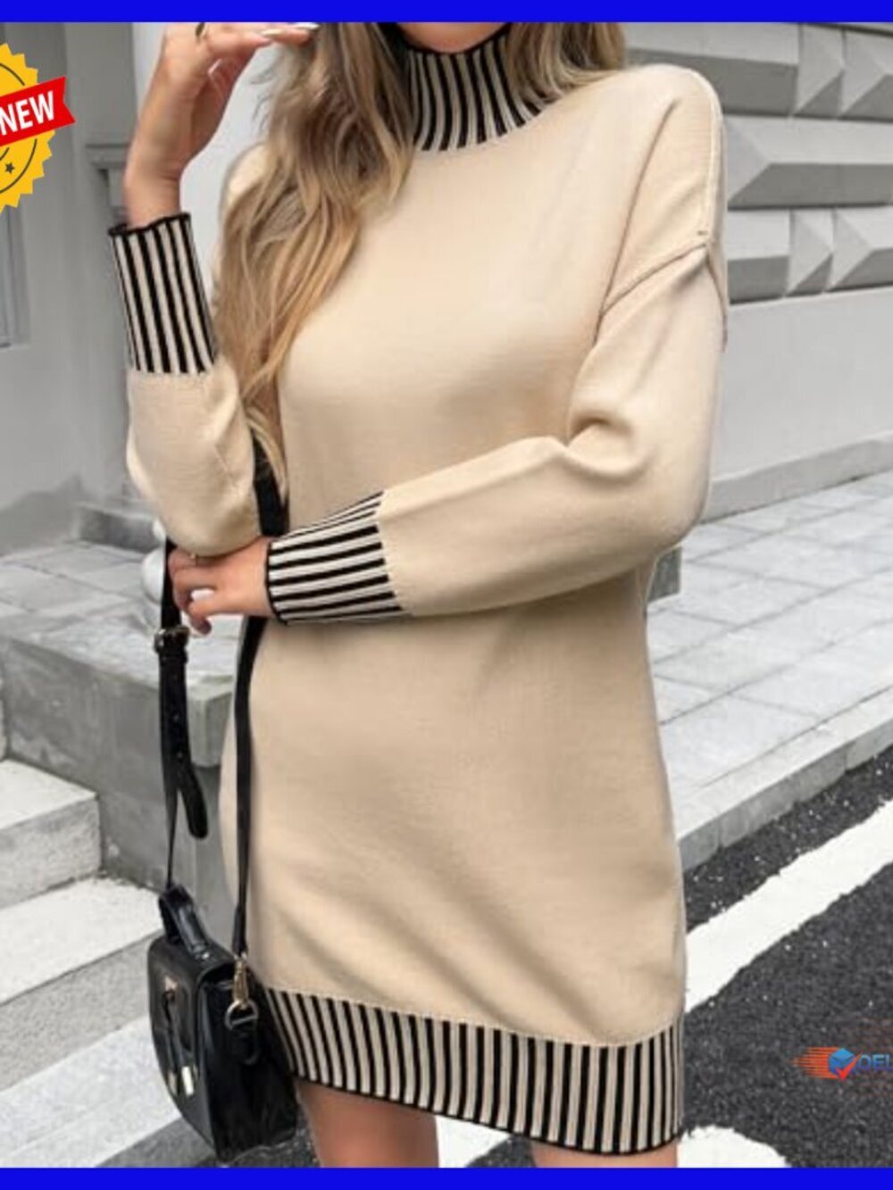 Long Sleeve Mock Neck Mini Sweater Dress Casual Fall Knit - Picture 3 of 7